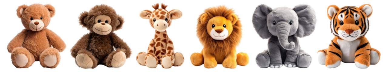 PNG Adorable plush animal toys set, isolated on transparent background