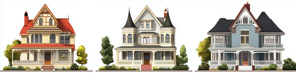 Obraz premium A collection of three distinct Victorian-style Queen Anne house style icons, each showcasing unique architectural features. The first house has a red roof with striped detailing.