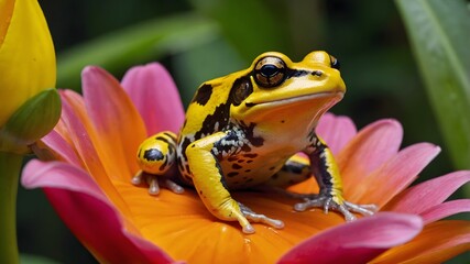 Fototapeta premium Vibrant Panamanian Golden Frog Resting on a Tropical Bloom