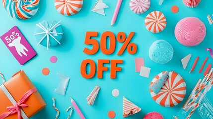 50% off Vibrant Marketing Layout, bold orange text on a sleek background, eye-catching design, perfect for promotional materials and advertisements
