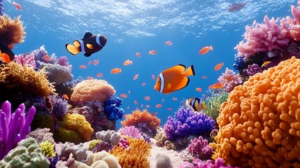 Obraz premium Vibrant fish underwater scene with colorful coral reefs, diverse tropical fish swimming gracefully, clear blue ocean waters reflecting sunlight