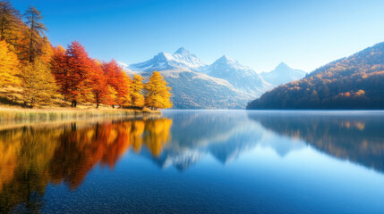 Obraz premium tranquil mountain lake with autumn colors reflecting