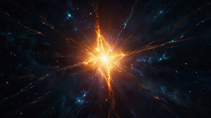 Fototapeta premium A brilliant golden starburst explodes in a cosmic nebula, radiating light and energy through a deep space background filled with blue stars.