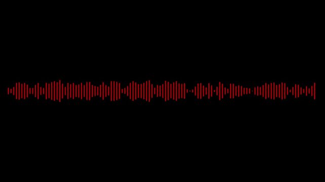 Audio waveform spectrum animation. Abstract sound with red waves on black background. Sound waves, equalizer audio signal