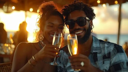 A joyful couple enjoying drinks at sunset, celebrating a moment together.