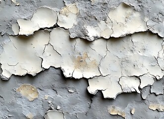 Cracked and peeling white paint on a grey wall.