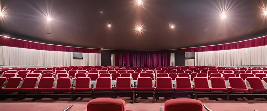 An empty cinema auditorium with red velvet seats, dim golden lights casting soft shadows, a large silver screen at the front, and a vintage popcorn machine in the corner