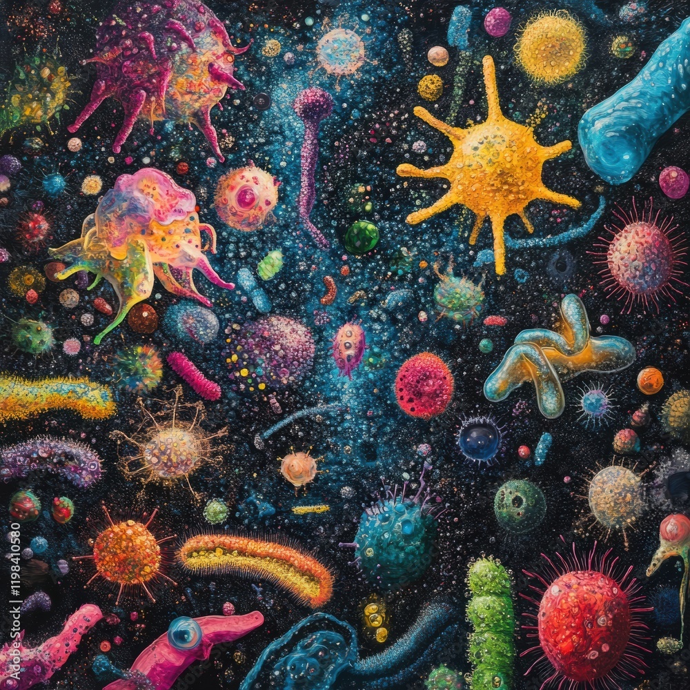 Aufkleber Exploring diverse array of bacteria and microbes in a vibrant cosmic setting full of color and unique shapes. Generative AI