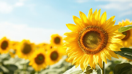 Obraz premium Vibrant sunflower field with golden blooms under blue sky
