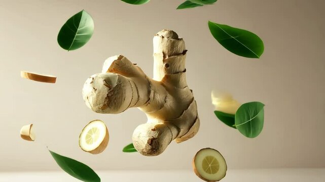 A ginger root in midair with basil leaves. conventional medical supplies and health theories.