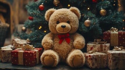Teddy bear Christmas gifts fireplace