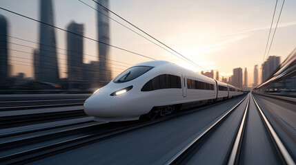 Fototapeta premium High speed train moving through urban landscape at sunset