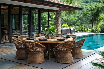 Fototapeta premium Outdoor dining table with teak and wicker armchairs, set for summer lunch on the lawn with pool in the background, wooden round garden furniture and decor.