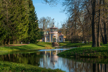 Chinese gazebo on the bank of the Upper Ponds in the Catherine Park in Tsarskoye Selo on a sunny...