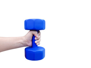 A person's hand is holding a blue dumbbell PNG transparent.