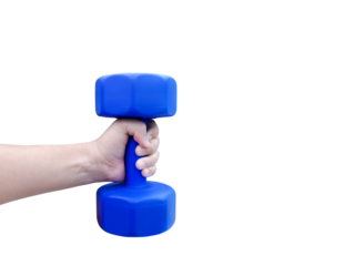 A person's hand is holding a blue dumbbell PNG transparent.