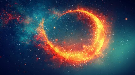 Obraz premium Fiery crescent moon in a cosmic nebula.