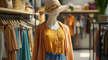 Obraz premium Mannequin displays summer fashion clothing and hat