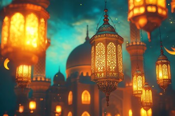Obraz premium a beautifully detailed mosque dome and minaret on the left side, illuminated by glowing Islamic lanterns with intricate patterns. The lanterns cast soft, warm golden light across the scene