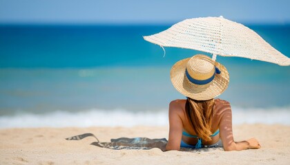 a person relaxing on the beach wearing straw hat, beach umbrella, shot from behind, beach background