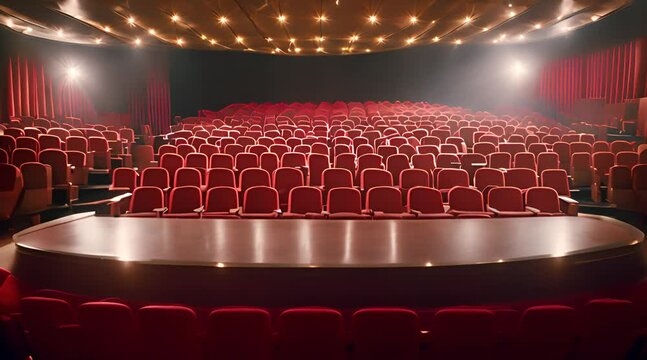An empty cinema auditorium with red velvet seats, dim golden lights casting soft shadows, a large silver screen at the front, and a vintage popcorn machine in the corner