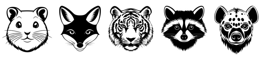 PNG Stylized animal face illustrations set, isolated on transparent background