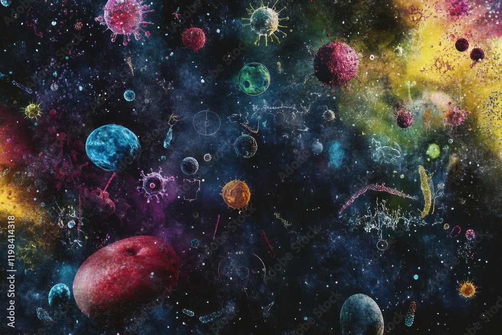 Fototapete exploring the diverse world of bacteria and microbes in a colorful cosmic environment. generative ai