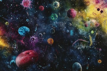 Exploring the diverse world of bacteria and microbes in a colorful cosmic environment. Generative AI