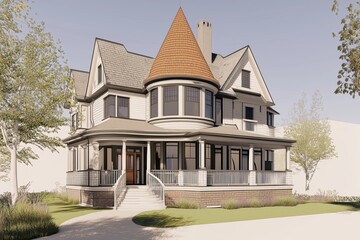 A beautifully designed Victorian-style Queen Anne house style featuring a prominent turret, intricate rooflines, and a spacious front porch. The exterior showcases a blend of light and dark colors.