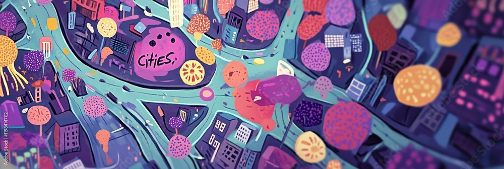 Poster colorful map depicting bacteria colonies as playful cities with vibrant details and unique structure