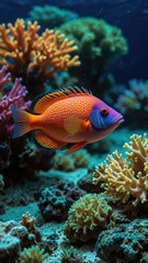 underwater coral fish, Neon-Colored Fish Swimming Over a Lush Coral Bed

