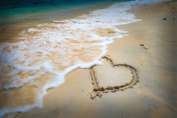 Heart symbol drawn in sand on the beach
