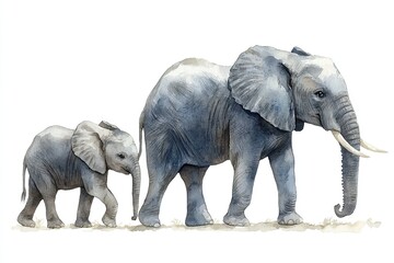 Fototapeta premium Watercolor illustration of an adult elephant and a calf walking together.