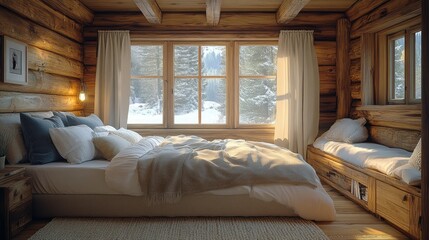 Cozy log cabin bedroom with a large window showcasing a snowy landscape outside, inviting warmth