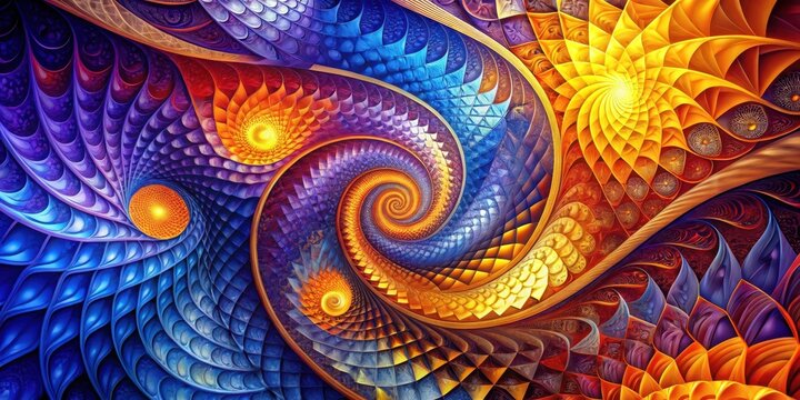 A mesmerizing interplay of vibrant spirals and intricate geometric patterns, showcasing a dynamic fusion of warm and cool hues in a captivating fractal art design.