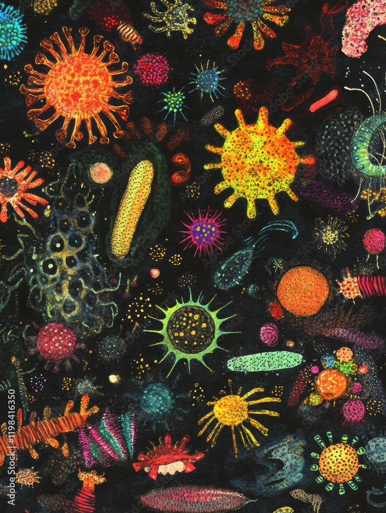 Poster diverse array of colorful bacteria and microbes illustrated against a dark background showcasing the