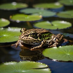 Fototapeta premium Realistic Portrait: Relict Leopard Frog Amidst Tranquil Lily Pad