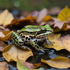 Fototapeta premium From Summer to Autumn: Relict Leopard Frog in the Heart of Seasonal Change