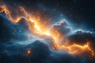 Fototapeta premium Fiery cosmic nebula with glowing gas and dust clouds in space.