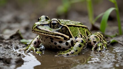 Fototapeta premium Invisible in the Marsh: Relict Leopard Frog Camouflaged in Muddy Waters