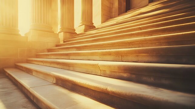 Empty courthouse steps bathed in soft morning light, symbolizing justice, tranquility, and the start of a new day in the legal system
