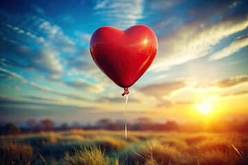 Fototapeta premium A close-up reveals a serene macro red heart balloon, floating freely against a calm sky.