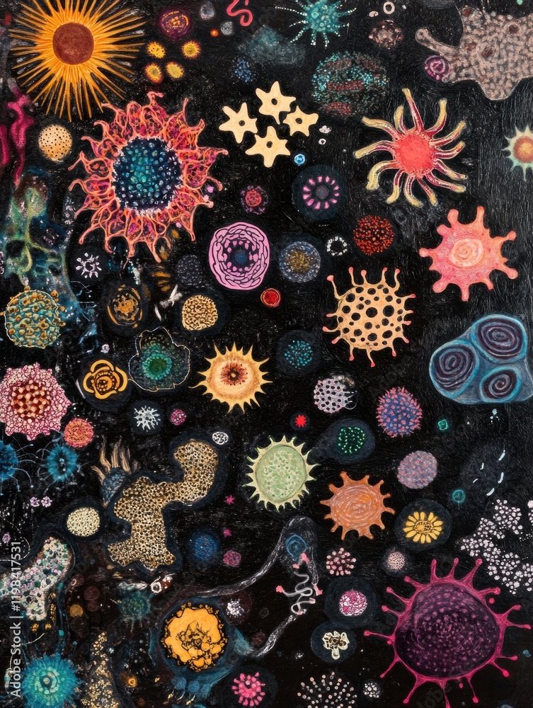 Poster Diverse array of bacteria and microbes showcasing unique shapes and colors in a dark environment. Generative AI