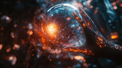 Robotic hand holding glowing futuristic sphere.