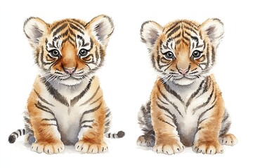 Obraz premium Two adorable tiger cubs sitting side by side, showcasing their playful nature.