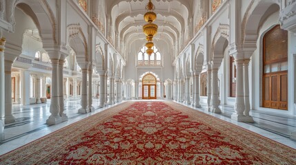 Obraz premium Elegant White Hallway With Red Carpet And Ornate Columns