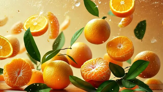 Fresh, juicy tangerines and green leaves contrast with an orange background. Citrous fruits
