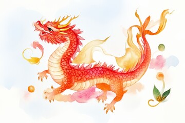 A vibrant, watercolor illustration of a majestic red dragon, featuring flowing flames and soft clouds, embodying strength and mythical beauty.