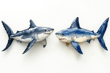 Fototapeta premium Two decorative shark sculptures with blue and white watercolor design.