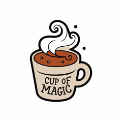 Sticker design of A coffee cup with swirling, sparkling steam that looks magical